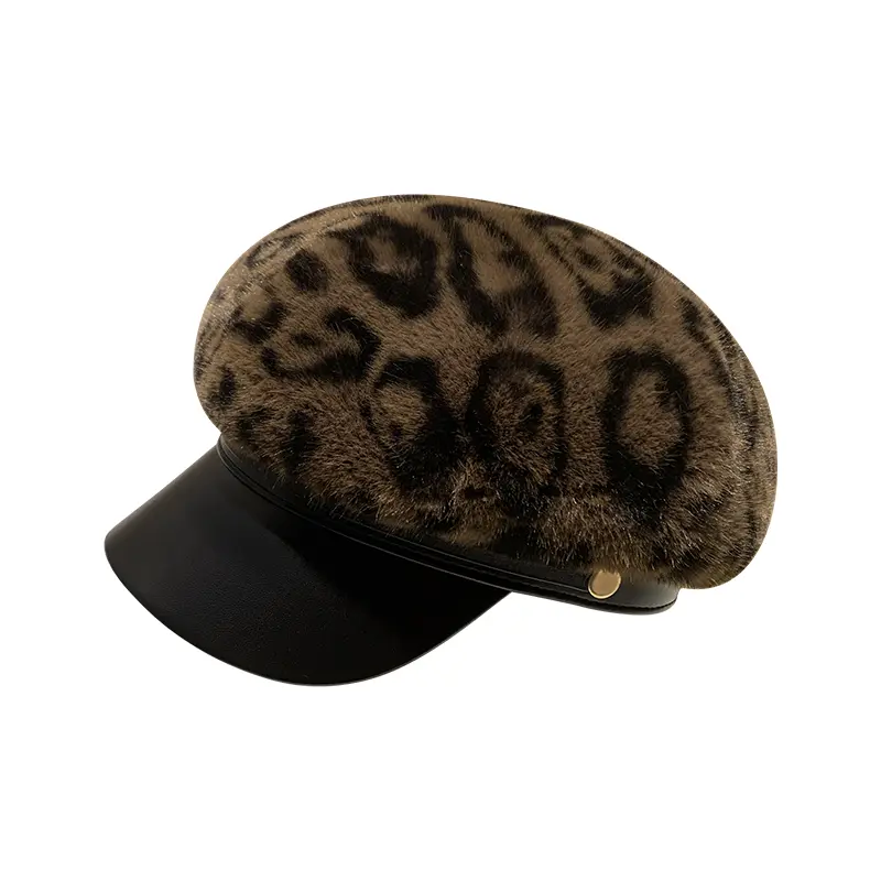 Autumn And Winter Mink Fur Newsboy Hat Leather Patchwork Leopard Print Beret Retro Warm Versatile Duckbill Cap