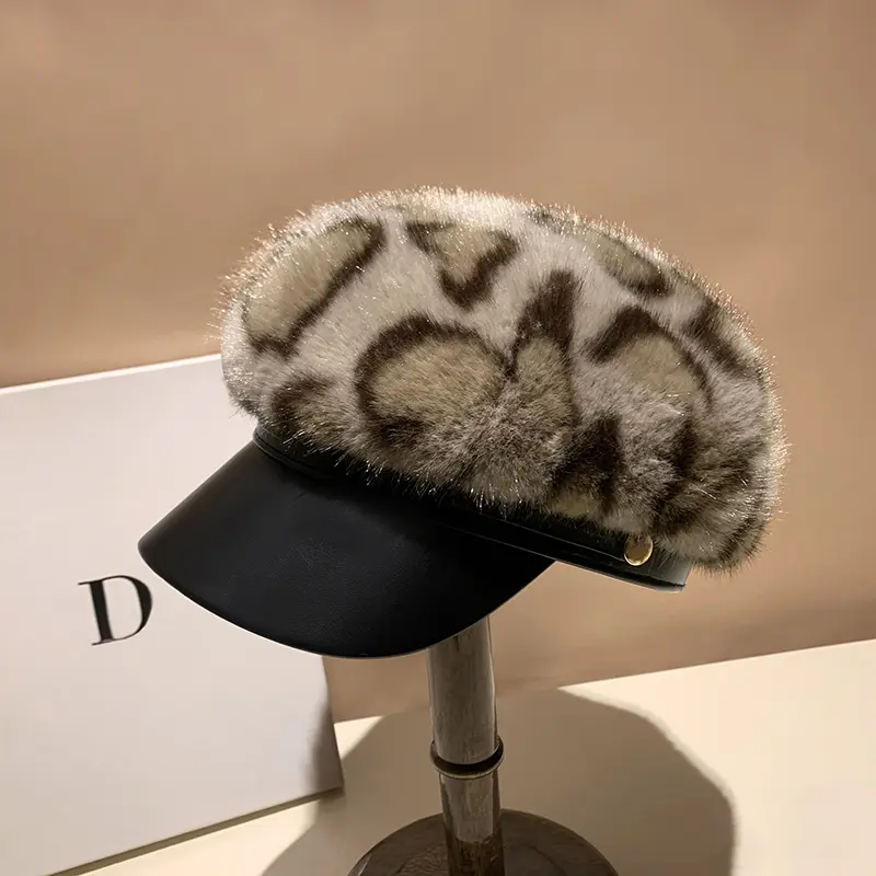 Autumn And Winter Mink Fur Newsboy Hat Leather Patchwork Leopard Print Beret Retro Warm Versatile Duckbill Cap
