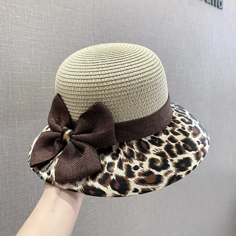 Bow Leopard Print Fisherman Hat For Women On Vacation, Woven Straw Breathable Sun Protection Hat, Basin Hat, Straw Hat