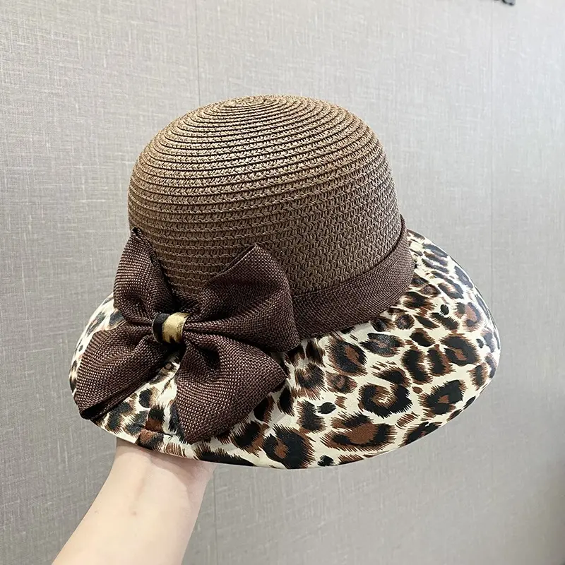 Bow Leopard Print Fisherman Hat For Women On Vacation, Woven Straw Breathable Sun Protection Hat, Basin Hat, Straw Hat