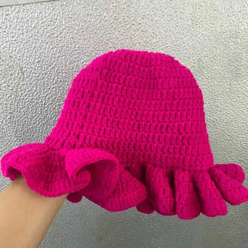 Korean Version Solid Color Cute Hat Autumn And Winter Hat Lace Up Woolen Hat Ruffle Edge Casual Knitted Fisherman Hat