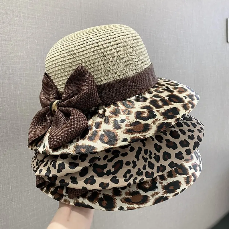 Bow Leopard Print Fisherman Hat For Women On Vacation, Woven Straw Breathable Sun Protection Hat, Basin Hat, Straw Hat