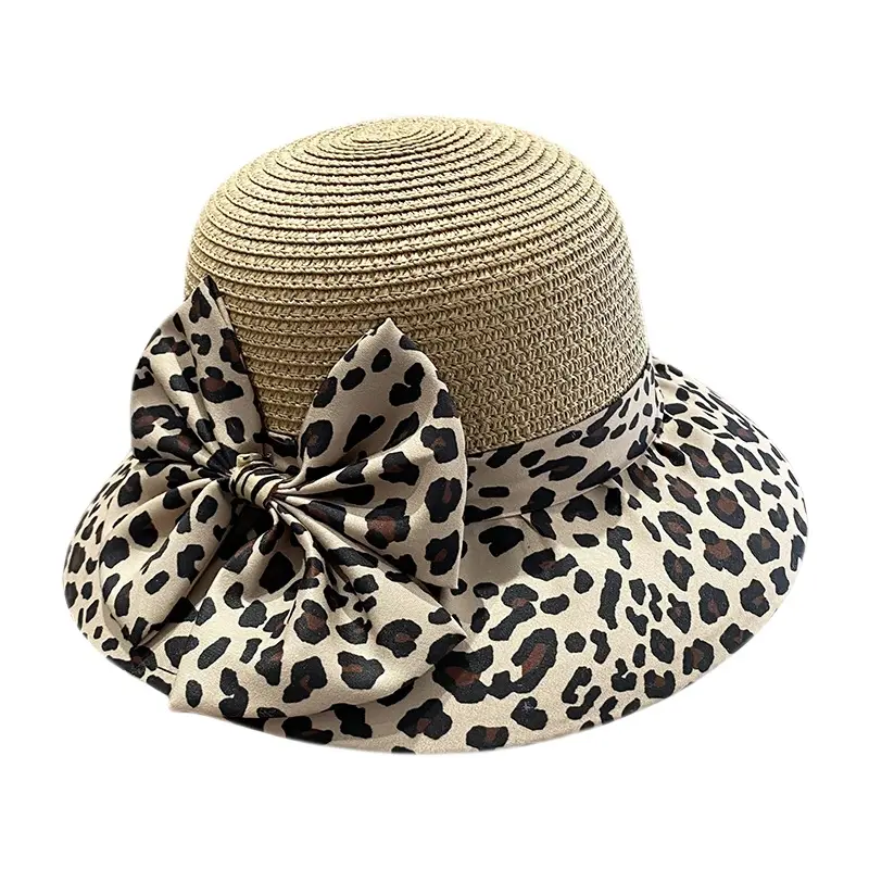 Bow Leopard Print Fisherman Hat For Women On Vacation, Woven Straw Breathable Sun Protection Hat, Basin Hat, Straw Hat