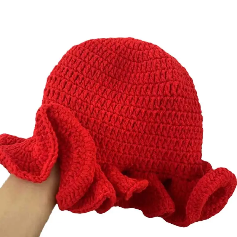 Korean Version Solid Color Cute Hat Autumn And Winter Hat Lace Up Woolen Hat Ruffle Edge Casual Knitted Fisherman Hat
