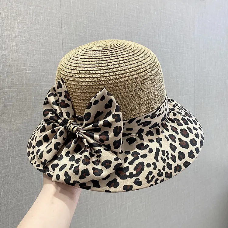 Bow Leopard Print Fisherman Hat For Women On Vacation, Woven Straw Breathable Sun Protection Hat, Basin Hat, Straw Hat