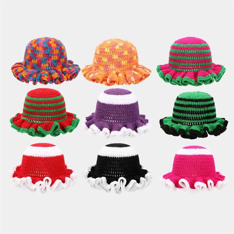 Korean Version Solid Color Cute Hat Autumn And Winter Hat Lace Up Woolen Hat Ruffle Edge Casual Knitted Fisherman Hat