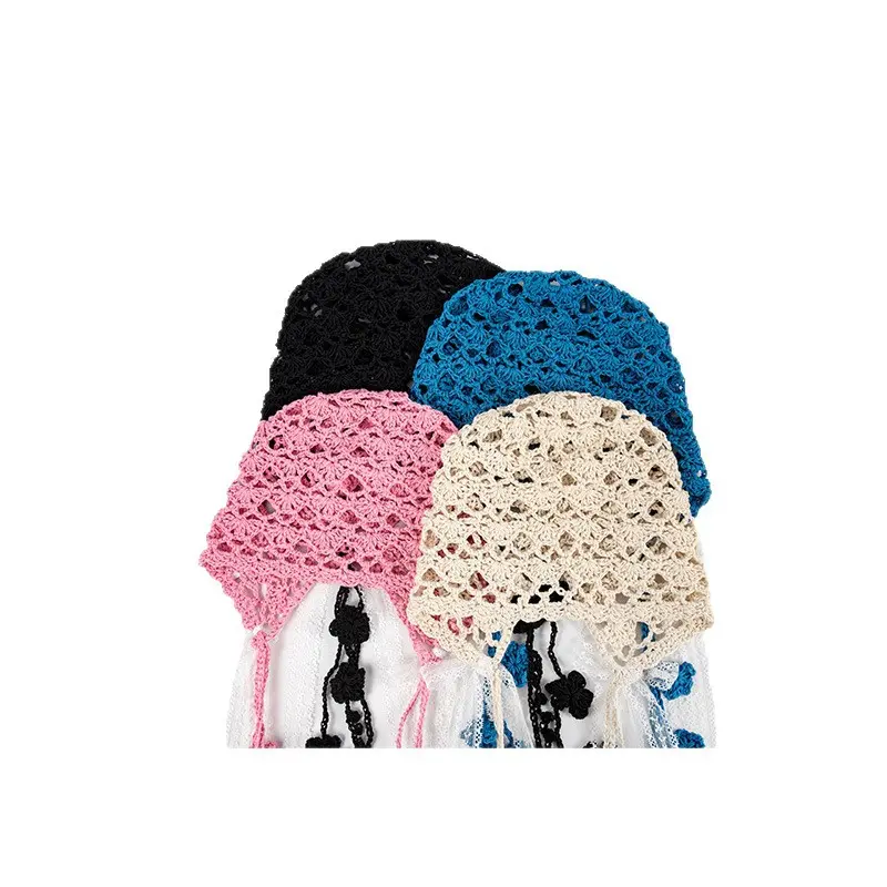 Hand Woven Hollow Toe Cap for Women in Spring and Summer, Crochet Flower, Ethnic Style, Su Tie, Pullover, Knitted Cap