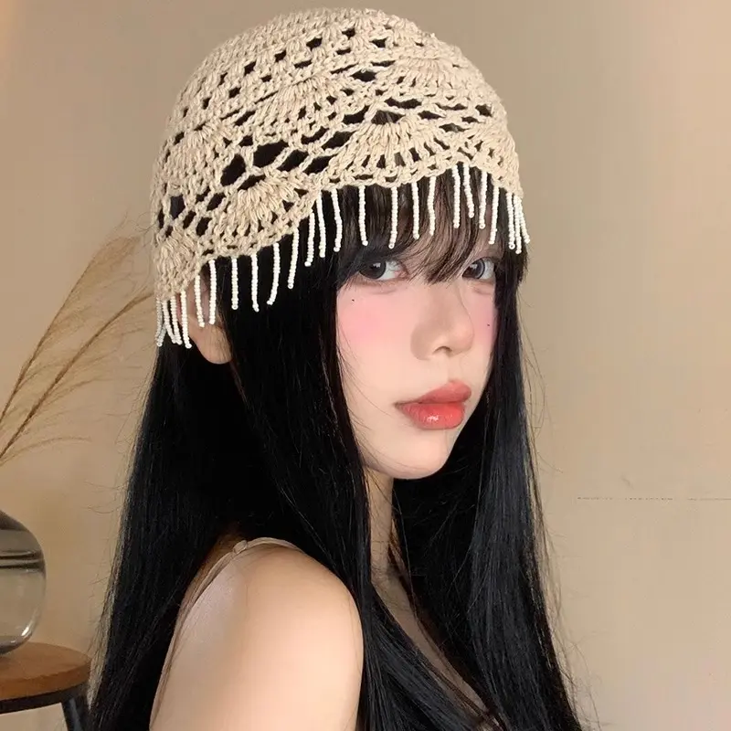 Retro Tassel Pendant Headwear Hat for Women, Summer Hollowed Out Ethnic Style Pullover Hat, Versatile Western Sichuan Hat