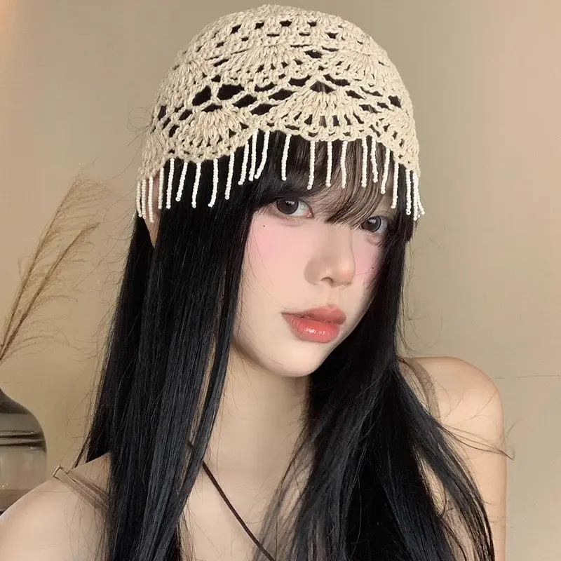Retro Tassel Pendant Headwear Hat for Women, Summer Hollowed Out Ethnic Style Pullover Hat, Versatile Western Sichuan Hat