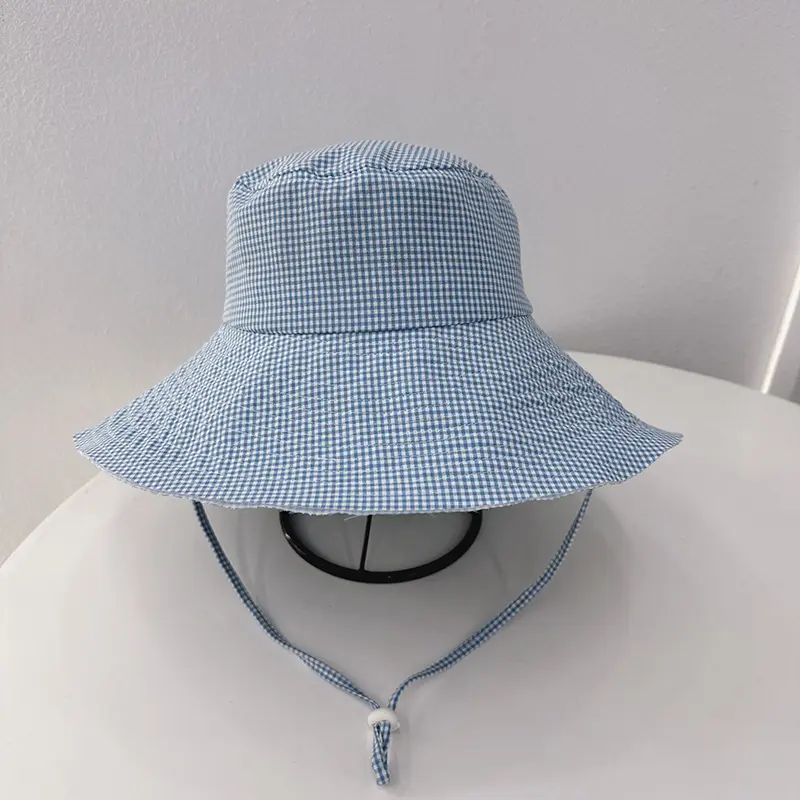 South Korea's 2025 New Large brimmed Retro Checkered Fisherman's Hat Big Head Waist Strap Sunshade Hat