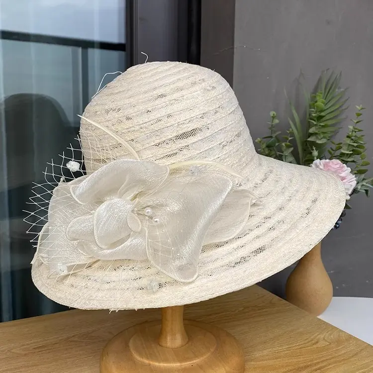 Elegant Top hat, Mesh, Flower, Big Edge, Face Covering, Beach Hat, Versatile In Summer, Breathable, Sun Protection, Sunshade Hat