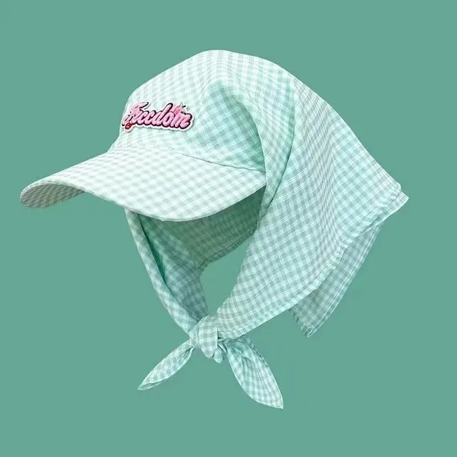 Korean Designed Checkered Headscarf Hat For Outdoor Sun Shading And Protection, Baseball Cap With Strap And Duckbill Cap