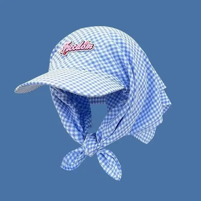 Korean Designed Checkered Headscarf Hat For Outdoor Sun Shading And Protection, Baseball Cap With Strap And Duckbill Cap