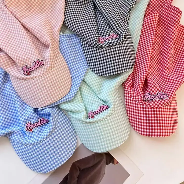 Korean Designed Checkered Headscarf Hat For Outdoor Sun Shading And Protection, Baseball Cap With Strap And Duckbill Cap