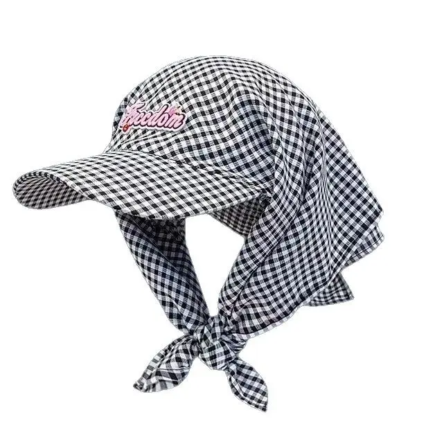 Korean Designed Checkered Headscarf Hat For Outdoor Sun Shading And Protection, Baseball Cap With Strap And Duckbill Cap