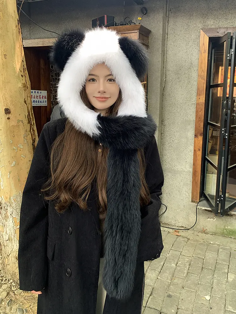 Cute Panda Fox Fur Scarf Integrated Snow Hat Autumn And Winter High-End Feeling Ear Protection Hat Thickened Warm Scarf Hooded