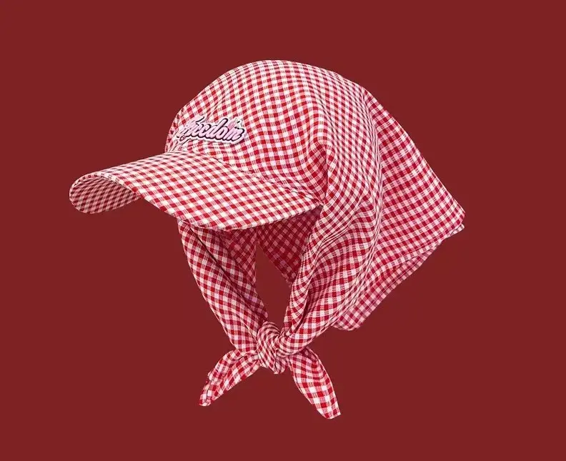 Korean Designed Checkered Headscarf Hat For Outdoor Sun Shading And Protection, Baseball Cap With Strap And Duckbill Cap