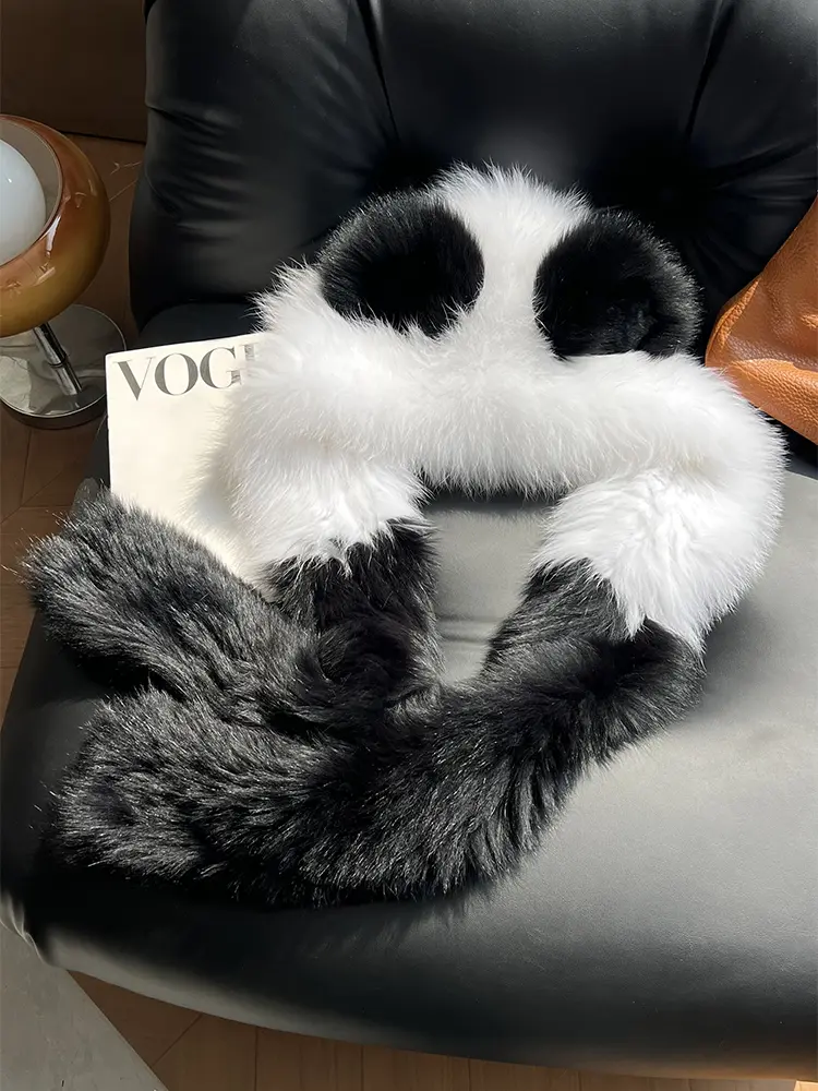 Cute Panda Fox Fur Scarf Integrated Snow Hat Autumn And Winter High-End Feeling Ear Protection Hat Thickened Warm Scarf Hooded