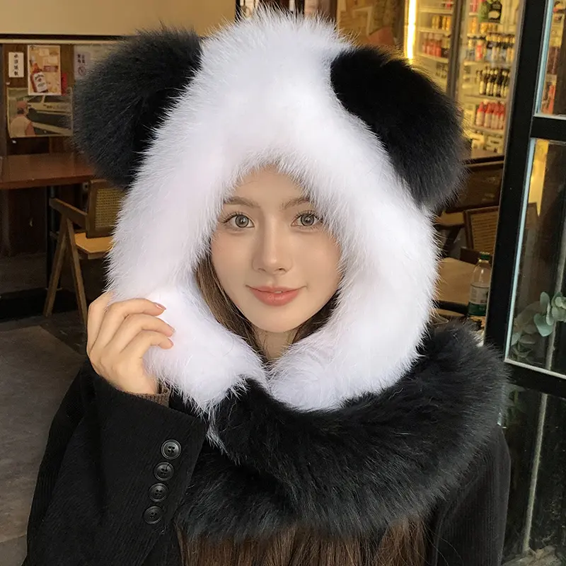 Cute Panda Fox Fur Scarf Integrated Snow Hat Autumn And Winter High-End Feeling Ear Protection Hat Thickened Warm Scarf Hooded