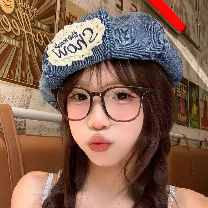 Japanese Retro Washed dDenim Beret For Women In Spring and Summer, Sweet And Cute Hat To Show Off Face, Small Cloud Painter Hat