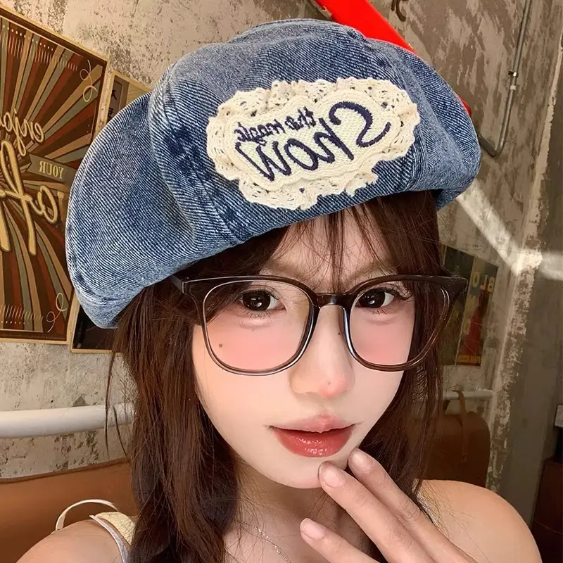 Japanese Retro Washed dDenim Beret For Women In Spring and Summer, Sweet And Cute Hat To Show Off Face, Small Cloud Painter Hat