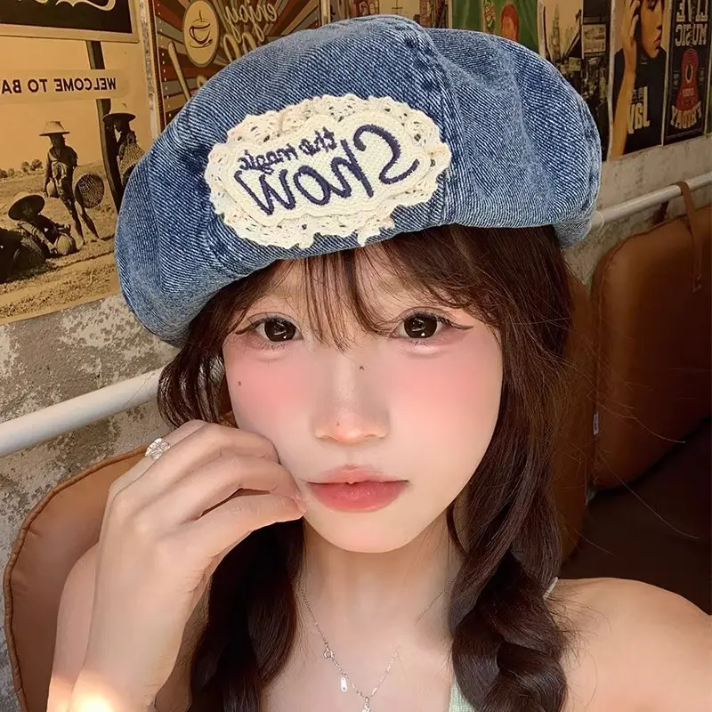 Japanese Retro Washed dDenim Beret For Women In Spring and Summer, Sweet And Cute Hat To Show Off Face, Small Cloud Painter Hat