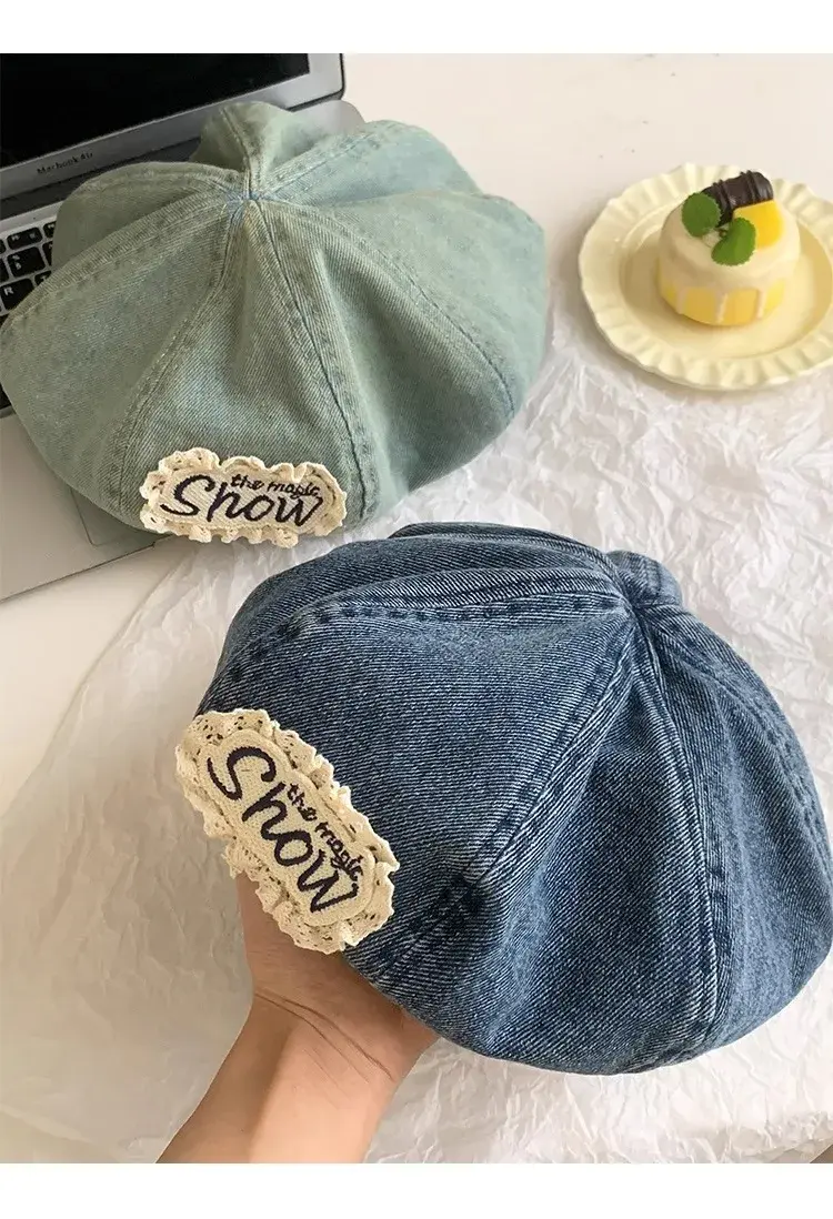 Japanese Retro Washed dDenim Beret For Women In Spring and Summer, Sweet And Cute Hat To Show Off Face, Small Cloud Painter Hat