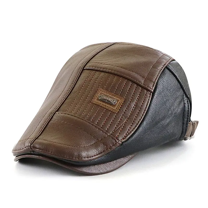 PU Leather Beret Hat Men Autumn Winter Faux Leather Duckbill Newsboy Cap Herringbone Middle-aged Men's Flat Peaked Cap For Dad