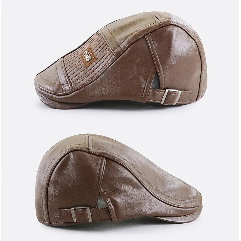 PU Leather Beret Hat Men Autumn Winter Faux Leather Duckbill Newsboy Cap Herringbone Middle-aged Men's Flat Peaked Cap For Dad