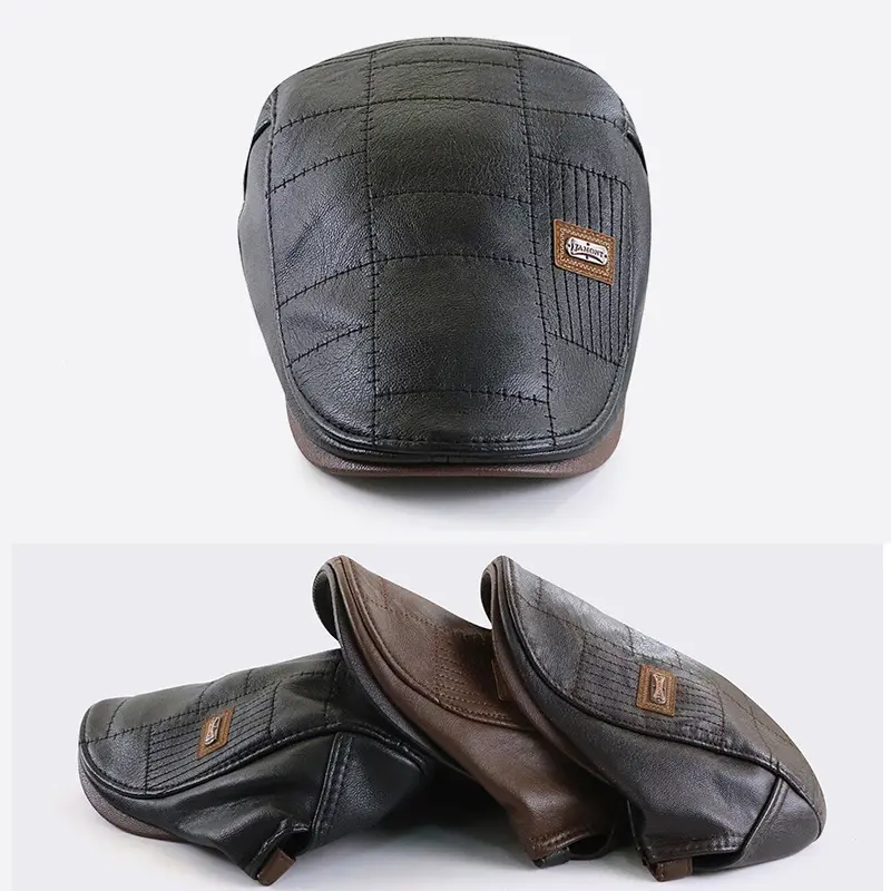 PU Leather Beret Hat Men Autumn Winter Faux Leather Duckbill Newsboy Cap Herringbone Middle-aged Men's Flat Peaked Cap For Dad