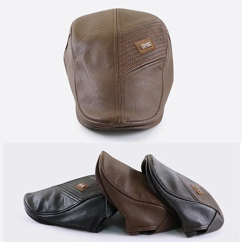 PU Leather Beret Hat Men Autumn Winter Faux Leather Duckbill Newsboy Cap Herringbone Middle-aged Men's Flat Peaked Cap For Dad