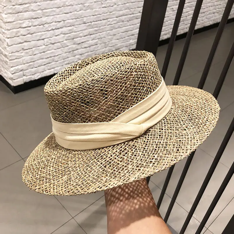 South Korean Salted Grass Fand Woven Flat top Hat for Women, European, American, British Style Travel Vacation Hollow Straw Hat