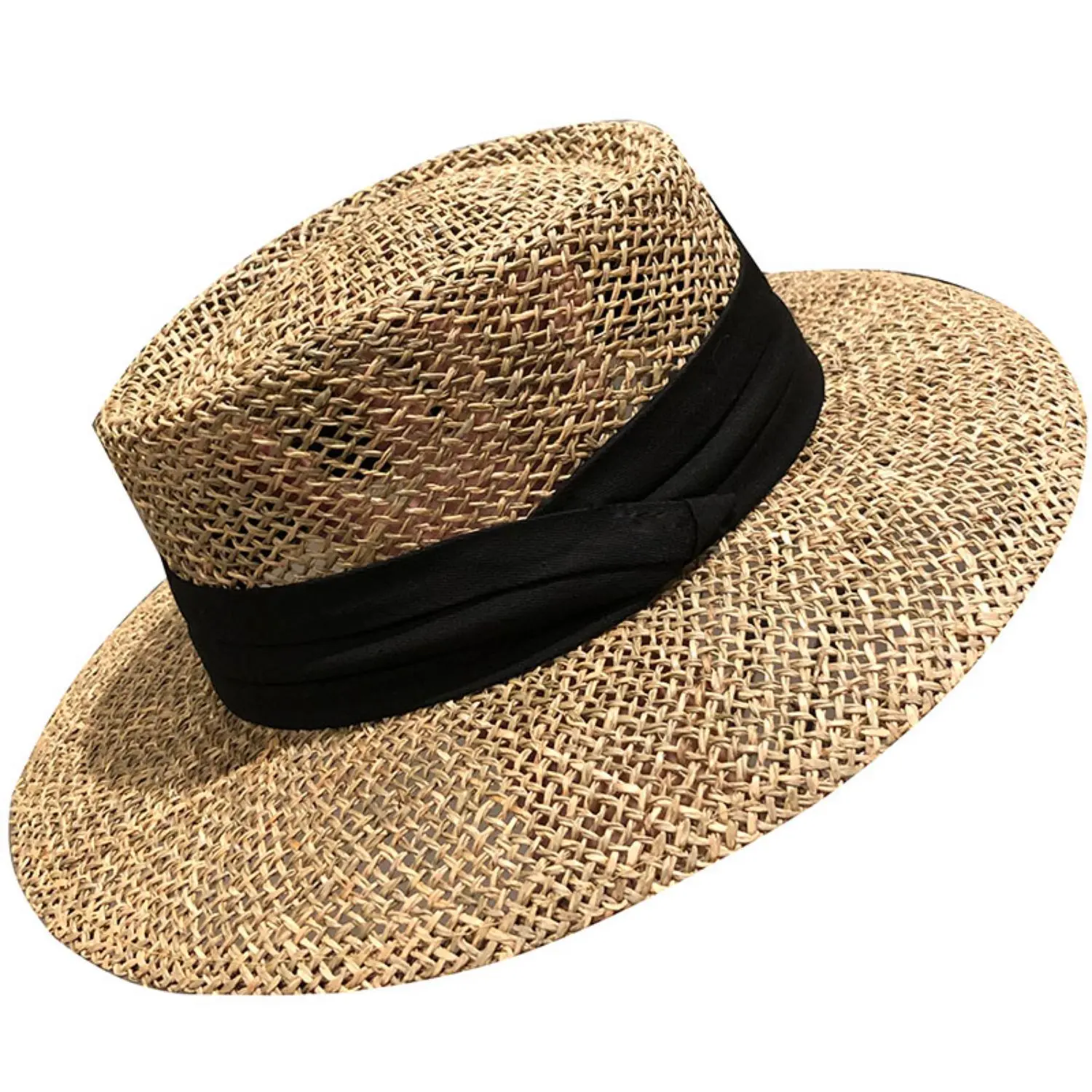 South Korean Salted Grass Fand Woven Flat top Hat for Women, European, American, British Style Travel Vacation Hollow Straw Hat