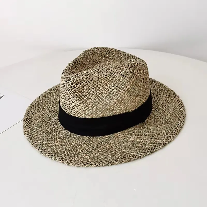 South Korean Salted Grass Fand Woven Flat top Hat for Women, European, American, British Style Travel Vacation Hollow Straw Hat