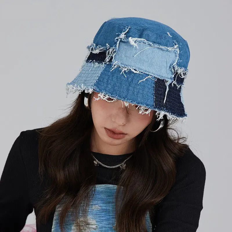 Japanese Niche Designer Bucket Hat Showing Small Face Retro Beggar Style Splicing Contrasting Color Denim Basin Caps for Women