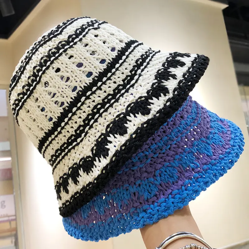 Korean Hand-crocheted Bucket Hat Dome Versatile and Thin Summer Travel Shading Hollow Niche Retro Basin Caps for Women Tide
