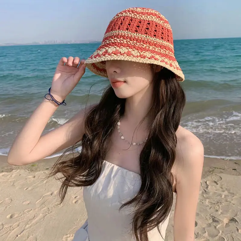Korean Hand-crocheted Bucket Hat Dome Versatile and Thin Summer Travel Shading Hollow Niche Retro Basin Caps for Women Tide