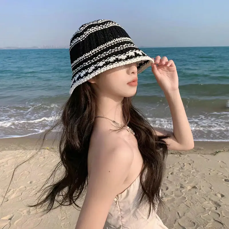 Korean Hand-crocheted Bucket Hat Dome Versatile and Thin Summer Travel Shading Hollow Niche Retro Basin Caps for Women Tide
