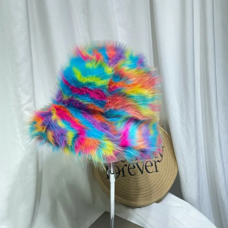 2024 Korean Version New Autumn And Winter Faux Fur Fisherman Hat Women's Rainbow Color Blocked Plush Warm Basin Hat