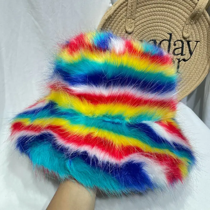 2024 Korean Version New Autumn And Winter Faux Fur Fisherman Hat Women's Rainbow Color Blocked Plush Warm Basin Hat