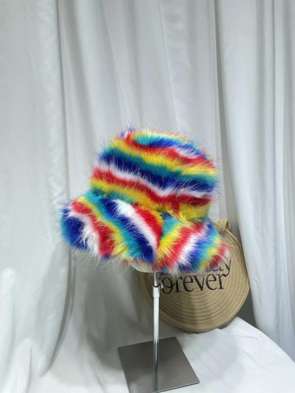 2024 Korean Version New Autumn And Winter Faux Fur Fisherman Hat Women's Rainbow Color Blocked Plush Warm Basin Hat