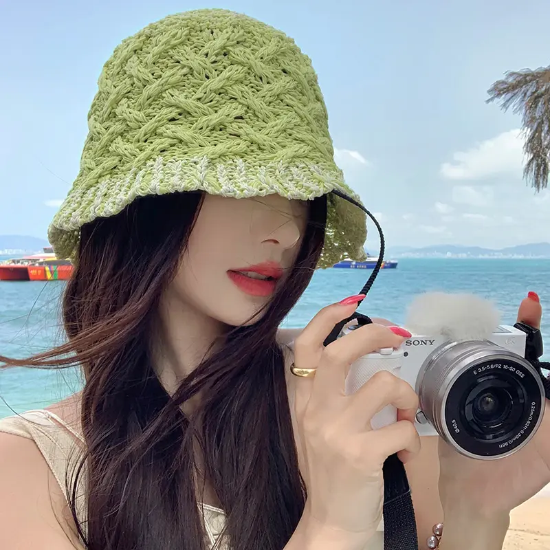 Hollow Woven Bucket Hat Spring and Summer Breathable Sunshade Sunscreen Basin Caps Japanese Fresh Green Women's Hats