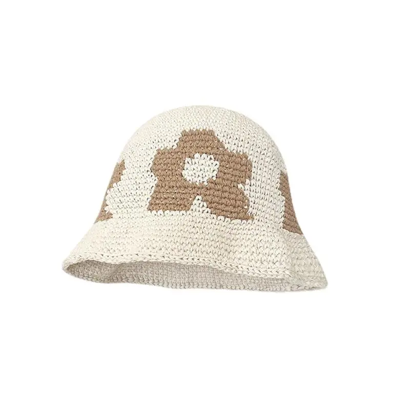 New Fresh Handwoven Flower Fisherman Hat Small Design Casual Knitted Florals Beanie Bucket Hat
