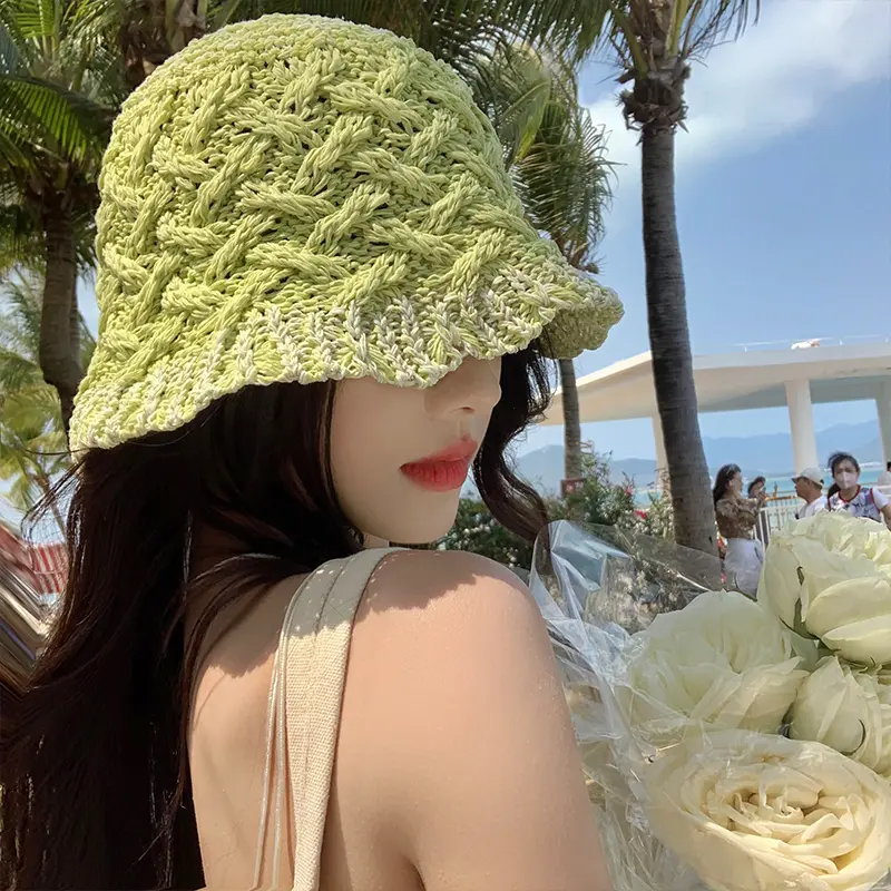 Hollow Woven Bucket Hat Spring and Summer Breathable Sunshade Sunscreen Basin Caps Japanese Fresh Green Women's Hats