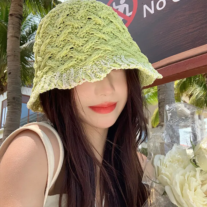Hollow Woven Bucket Hat Spring and Summer Breathable Sunshade Sunscreen Basin Caps Japanese Fresh Green Women's Hats