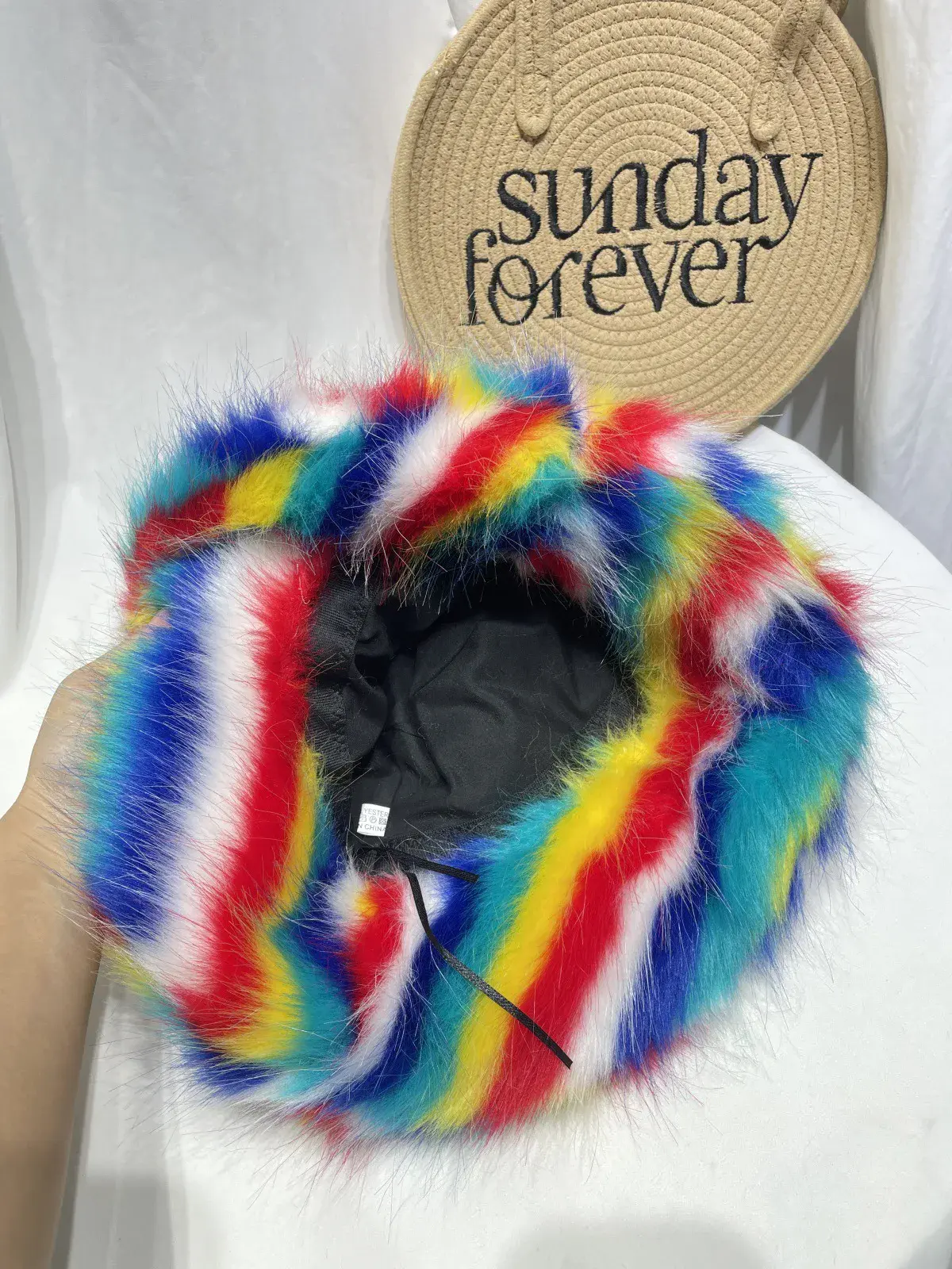 2024 Korean Version New Autumn And Winter Faux Fur Fisherman Hat Women's Rainbow Color Blocked Plush Warm Basin Hat