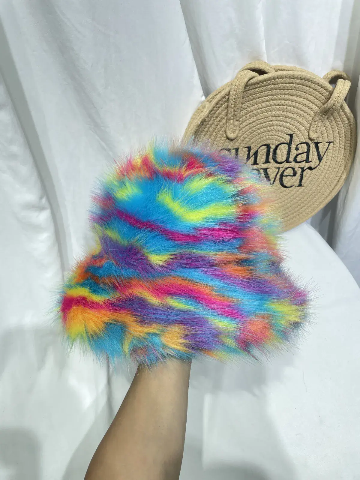 2024 Korean Version New Autumn And Winter Faux Fur Fisherman Hat Women's Rainbow Color Blocked Plush Warm Basin Hat