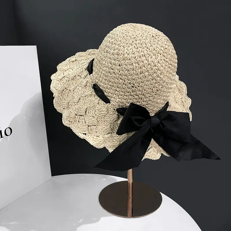 Japanese style straw hat, women's summer bow, handmade straw woven large brim sun hat, vacation beach sun hat, fisherman's hat