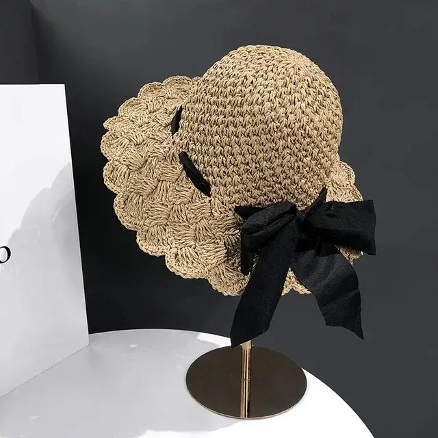 Japanese style straw hat, women's summer bow, handmade straw woven large brim sun hat, vacation beach sun hat, fisherman's hat