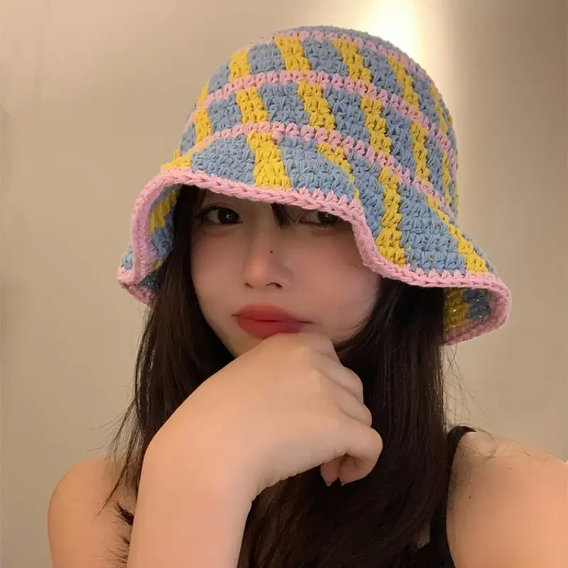 Japanese Niche Design Handmade Knitted Basin Caps Women Spring and Summer Travel Versatile Sunscreen Breathable Bucket Hats
